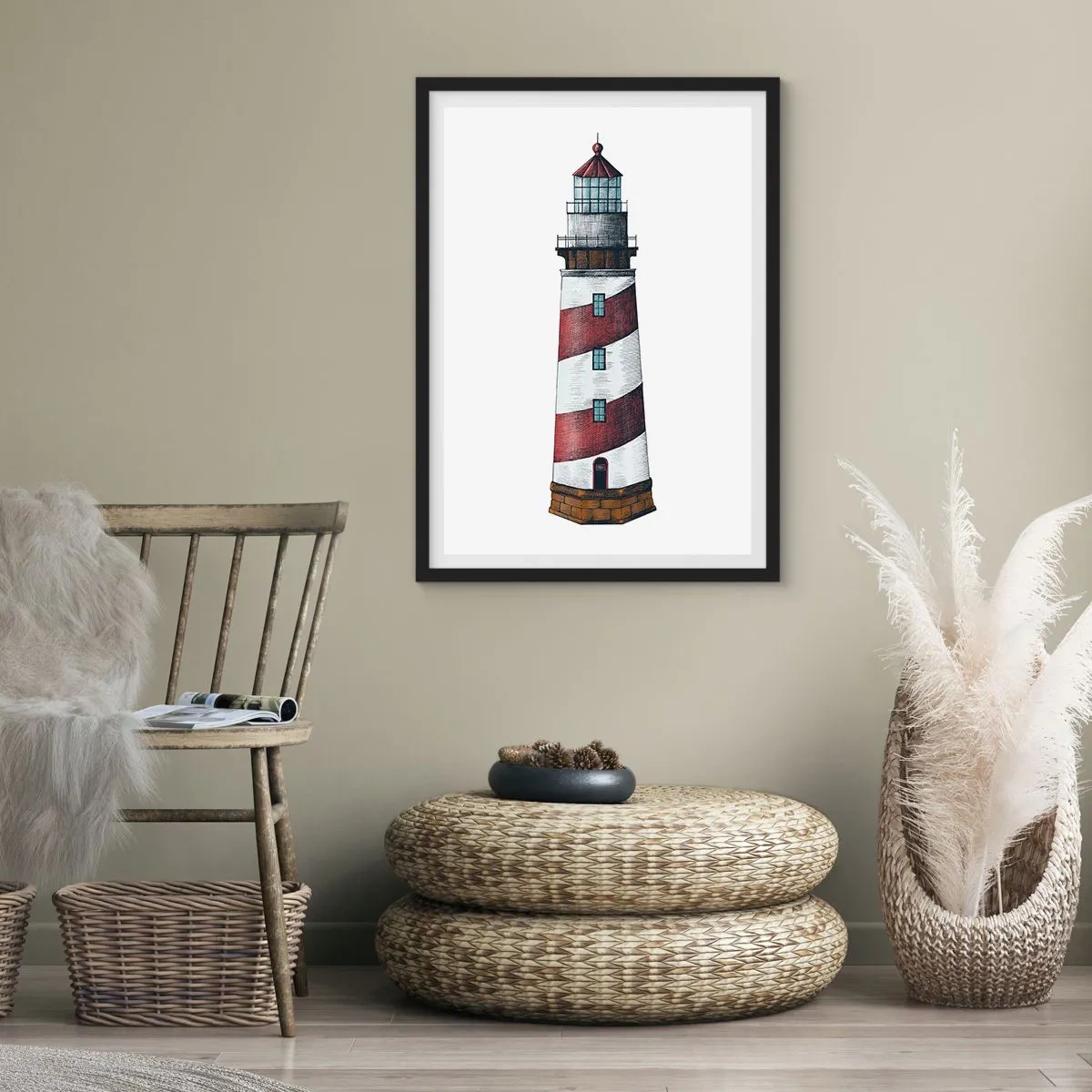 Plakat w czarnej ramie - Ilustracja latarni morskiej w klasycznym stylu - 50x70cm - Zawsze na straży - Nowoczesna dekoracja ścienna do salonu i sypialni ARTTOR