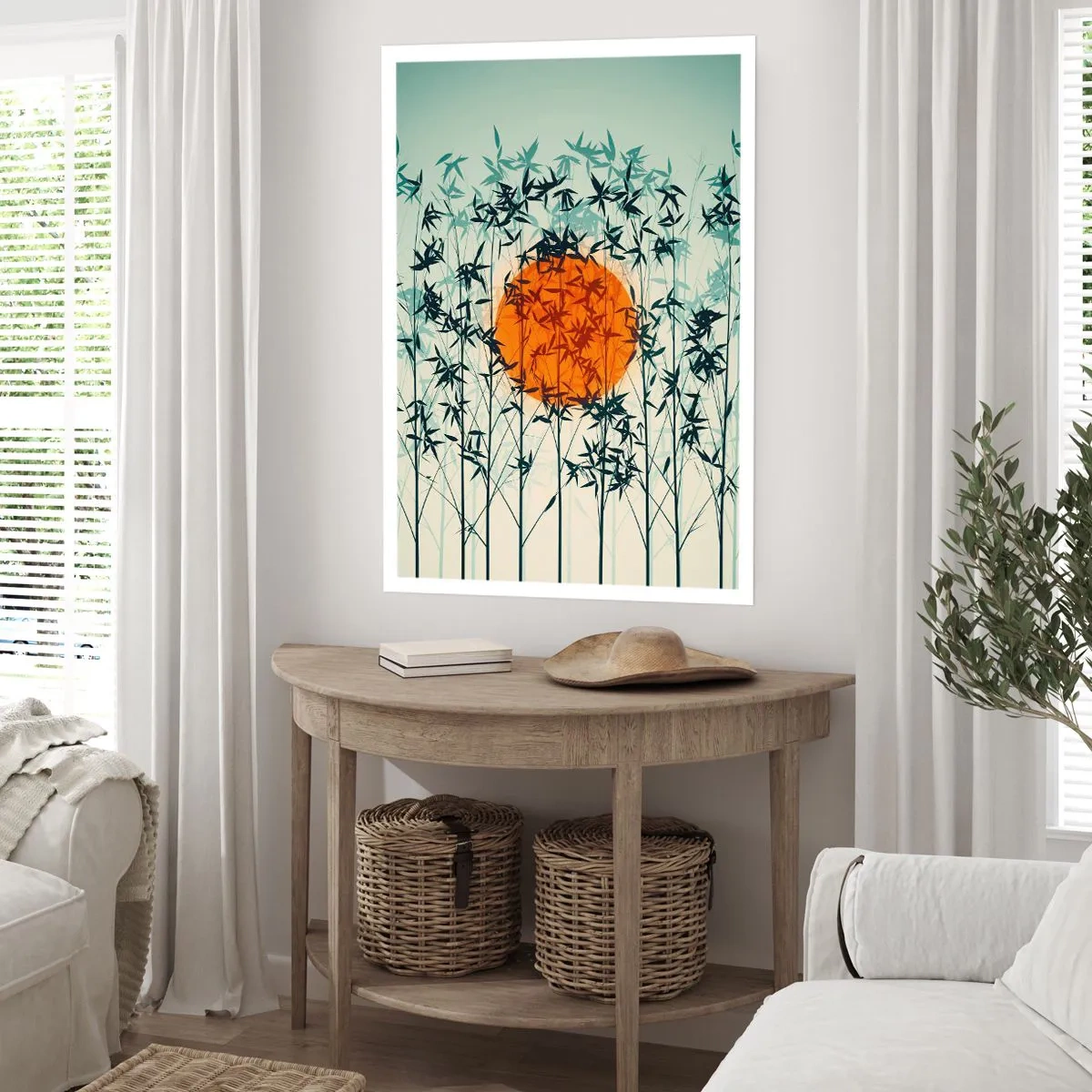 Plakat - Słońce za bambusowymi gałęziami - 50x70cm - Japońskie słońce - Nowoczesna dekoracja ścienna do salonu, kuchni i sypialni ARTTOR