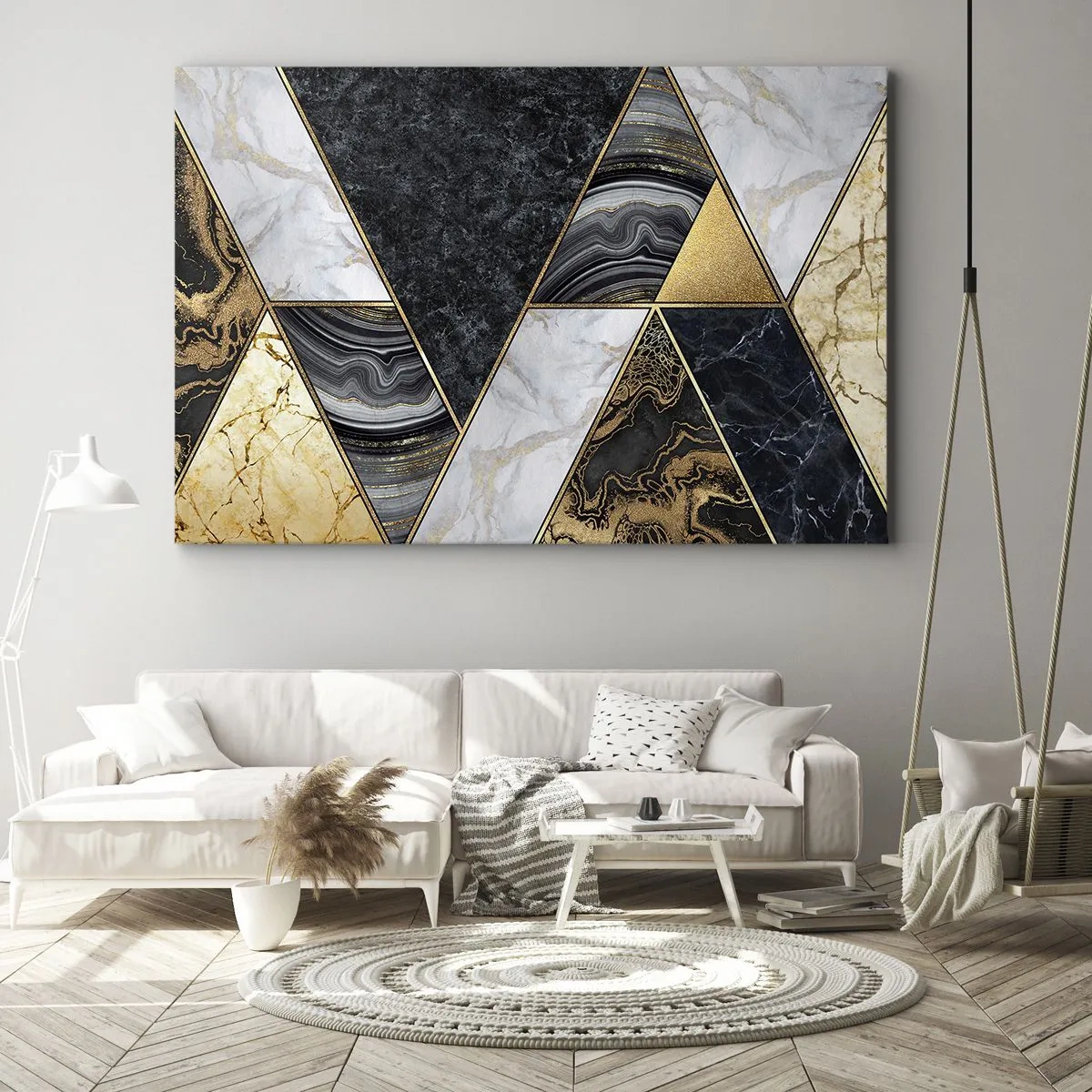 Obraz na płótnie - Geometryczne trójkąty w złocie, marmurze i ciemnych odcieniach - 70x50cm - Kamień przy kamieniu - Nowoczesna dekoracja ścienna do salonu i sypialni ARTTOR