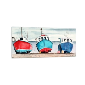 Obraz na szkle - Kolorowe łodzie rybackie na brzegu w morskiej scenerii - 120x50cm - Gotowe na połów - Nowoczesna dekoracja ścienna do salonu i sypialni ARTTOR