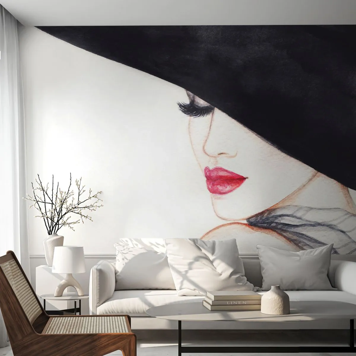 Fototapeta Premium Canvas - Elegancja i zmysłowość - Kobieta, Czerwone Usta, Czarny Kapelusz - 250x175 cm
