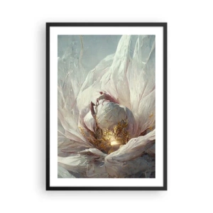 Plakat w czarnej ramie - Subtelna abstrakcja z motywem kwiatu w delikatnych odcieniach bieli i złota - 50x70cm - Rozkwita raz na sto lat - Nowoczesna dekoracja ścienna do salonu i sypialni ARTTOR