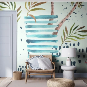 Fototapeta Samoprzylepna Deluxe Sticker - Wakacje pod palmami - Akwarele, Palma Kokosowa, Żaglówka - 150x105 cm