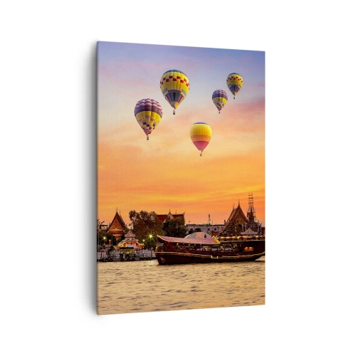 Obraz na płótnie - Świątynia i balony na tle zachodzącego słońca nad rzeką - 70x100cm - Tutaj rodzą się baśnie - Nowoczesna dekoracja ścienna do salonu i sypialni ARTTOR