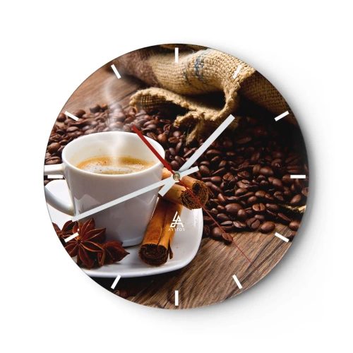 Zegar ścienny - Filiżanka kawy z przyprawami i ziarnami kawy - 30x30cm - Korzenny smak i aromat - Nowoczesna dekoracja ścienna do salonu, kuchni i sypialni ARTTOR