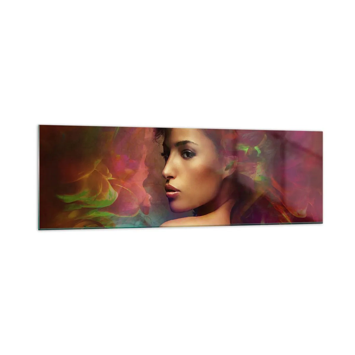 Obraz na szkle - Kobieta z kolorowymi refleksami tworzącymi abstrakcyjne tło - 160x50cm - Piękniejsza od tęczy, delikatna jak mgła - Nowoczesna dekoracja ścienna do salonu i sypialni ARTTOR