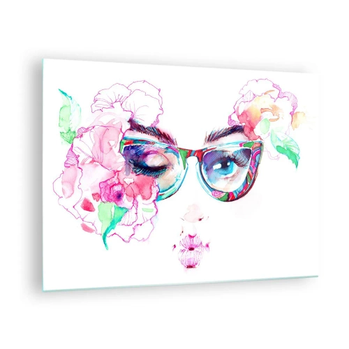 Obraz na szkle - Kobiece oczy z kwiatami i kolorowymi okularami w stylu akwareli - 70x50cm - Kusząca obietnica - Nowoczesna dekoracja ścienna do salonu i sypialni ARTTOR