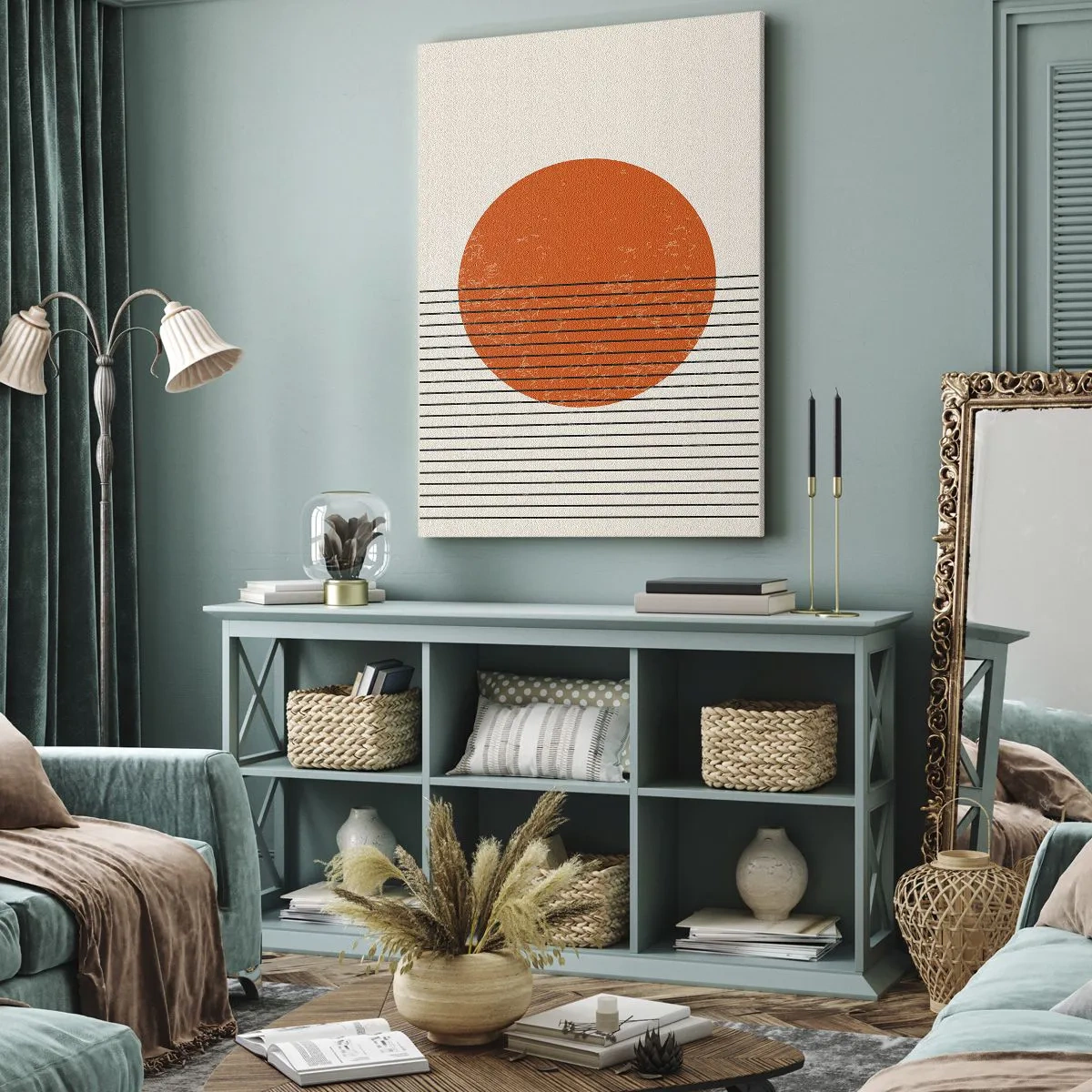 Obraz na płótnie - Minimalistyczna grafika przedstawiająca pomarańczowe słońce na tle geometrycznych linii - 50x70cm - Zawsze słońce - Nowoczesna dekoracja ścienna do salonu, kuchni i sypialni ARTTOR