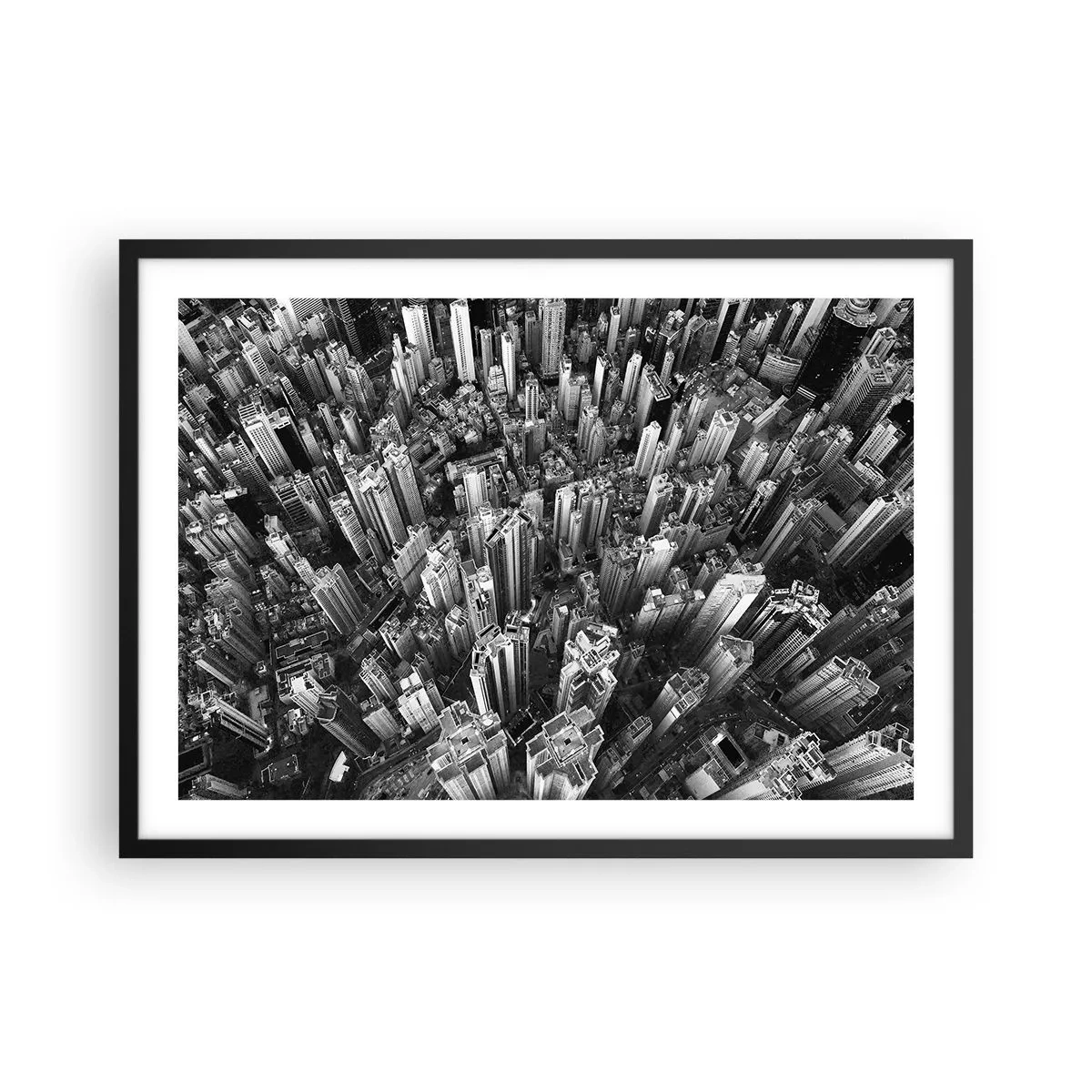Plakat w czarnej ramie - Czarno-biały widok miasta z lotu ptaka - 70x50cm - Wciąż wyżej i wyżej - Nowoczesna dekoracja ścienna do salonu i sypialni ARTTOR