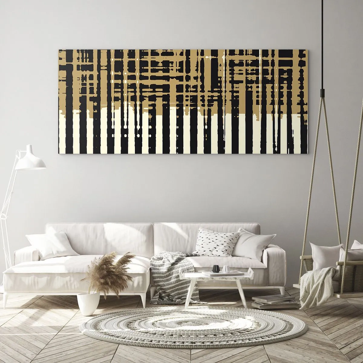 Obraz na szkle - Abstrakcyjne linie w kolorach czerni, beżu i bieli - 120x50cm - Architektoniczna abstrakcja - Nowoczesna dekoracja ścienna do salonu i sypialni ARTTOR