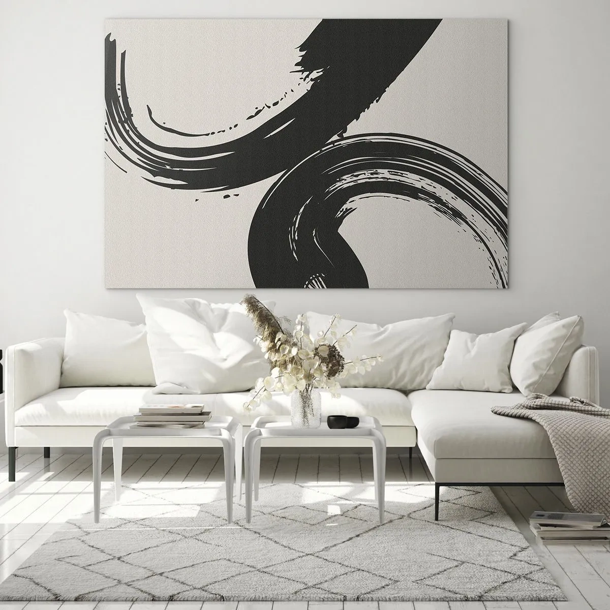 Obraz na szkle - Czarne, dynamiczne pociągnięcia pędzla w stylu kaligrafii na jasnym tle - 70x50cm - Zamaszyście i koliście - Nowoczesna dekoracja ścienna do salonu i sypialni ARTTOR