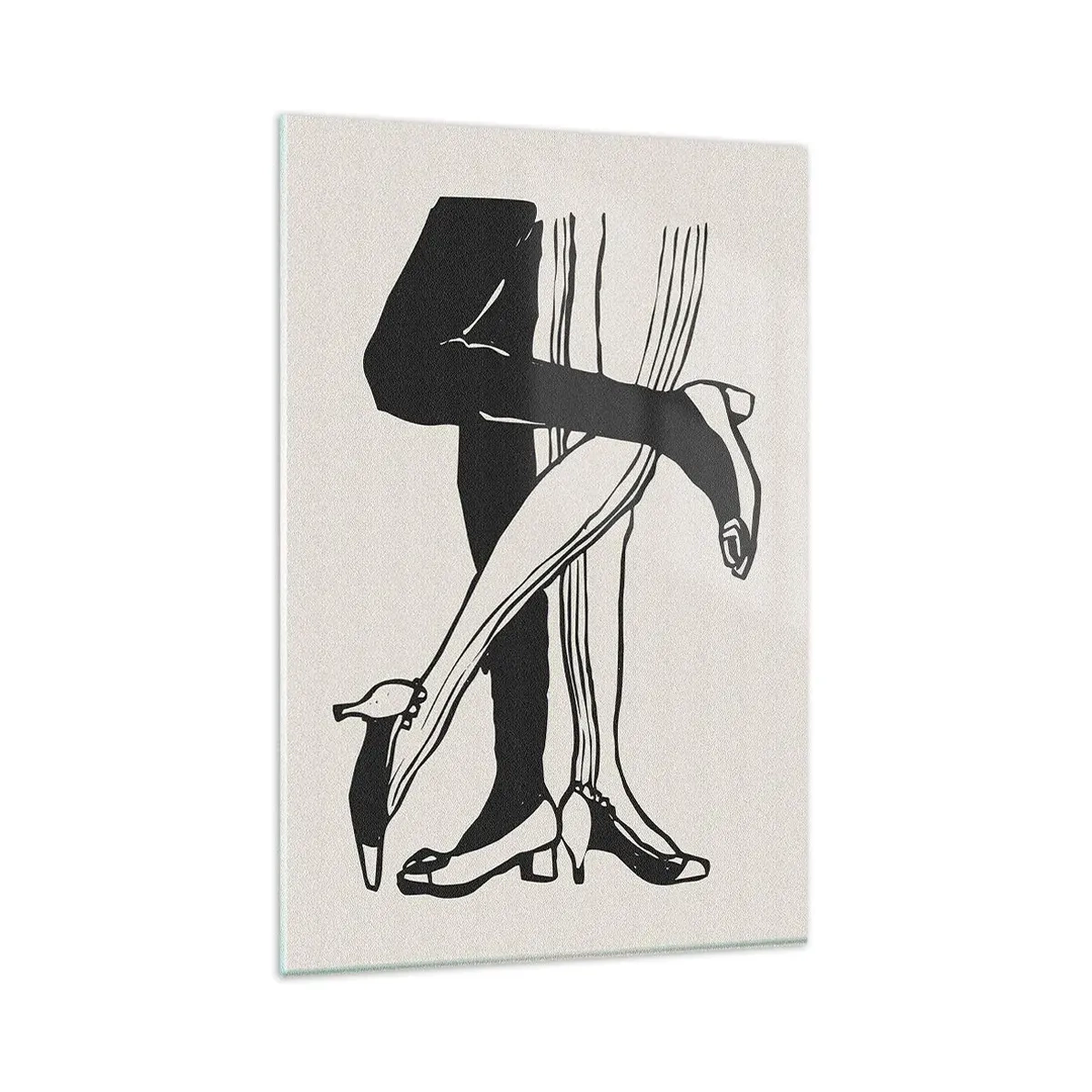 Obraz na szkle - Minimalistyczna czarno-biała ilustracja splecionych nóg tańczącej pary - 80x120cm - Kobiecy atrybut - Nowoczesna dekoracja ścienna do salonu i sypialni ARTTOR