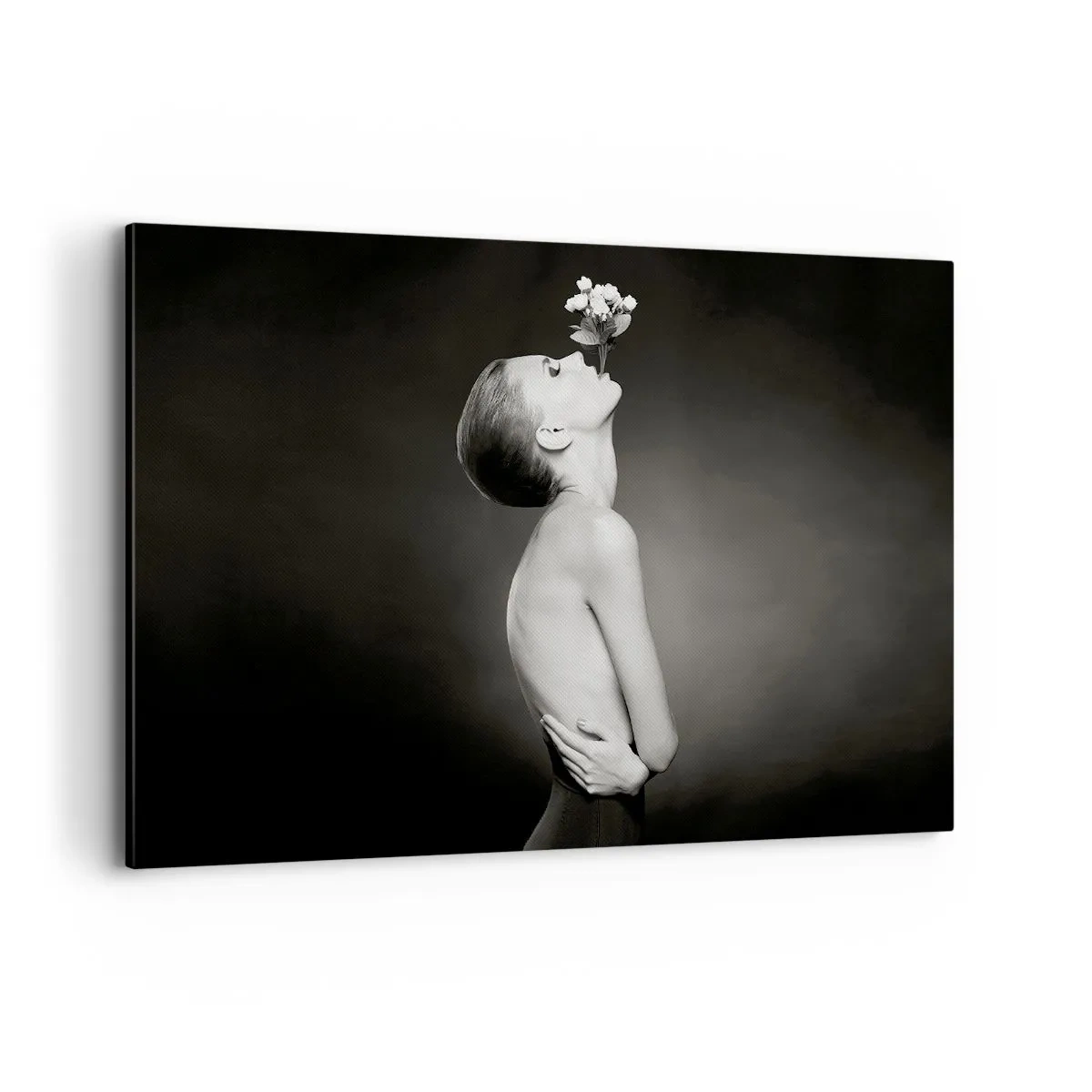 Obraz na płótnie - Czarno-biała sylwetka kobiety z kwiatem - 120x80cm - Ekscentryczna elegancja - Nowoczesna dekoracja ścienna do salonu, kuchni i sypialni ARTTOR