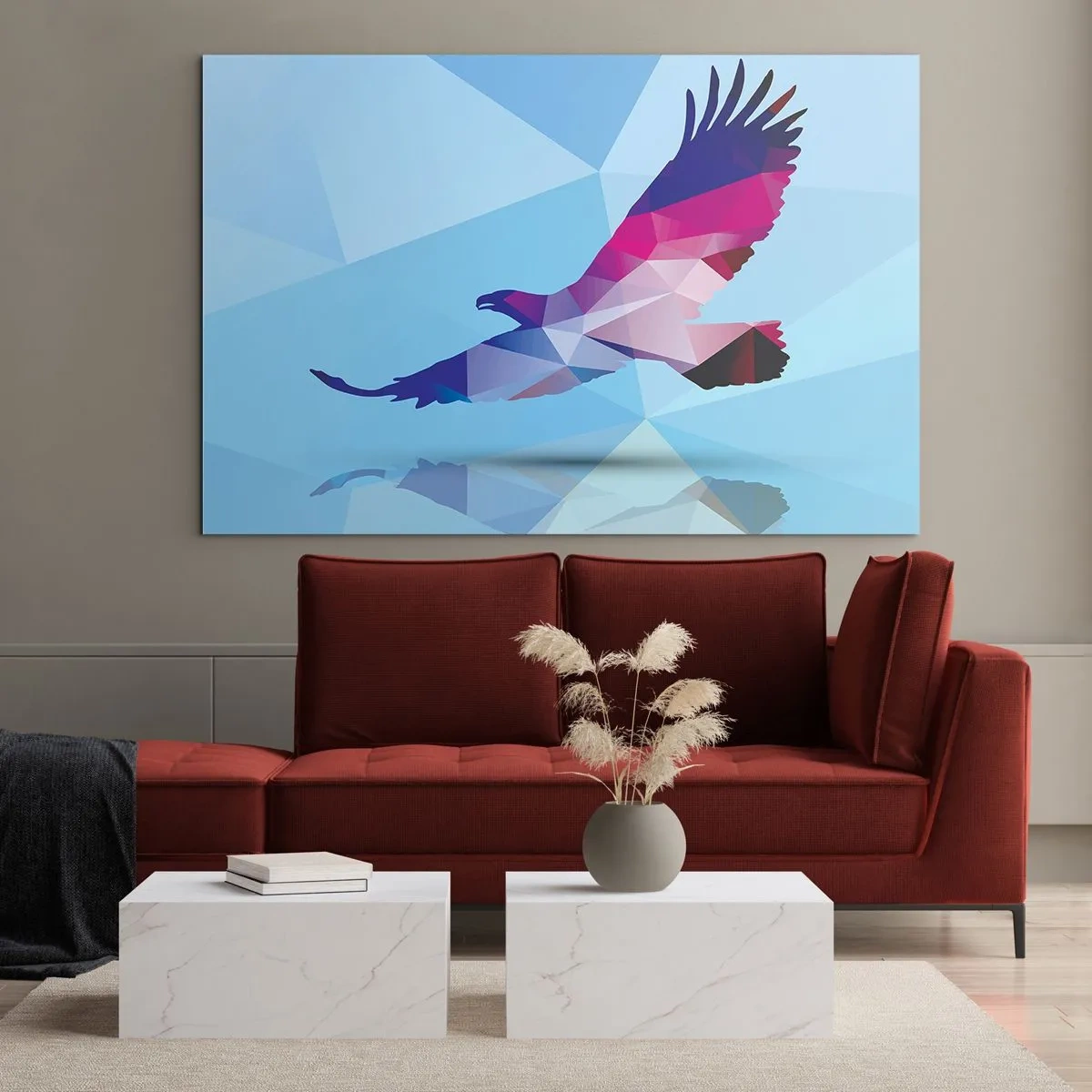 Obraz na szkle - Geometryczny orzeł na błękitnym tle - 100x70cm - Orzeł w liliowym krysztale - Nowoczesna dekoracja ścienna do salonu, kuchni i sypialni ARTTOR