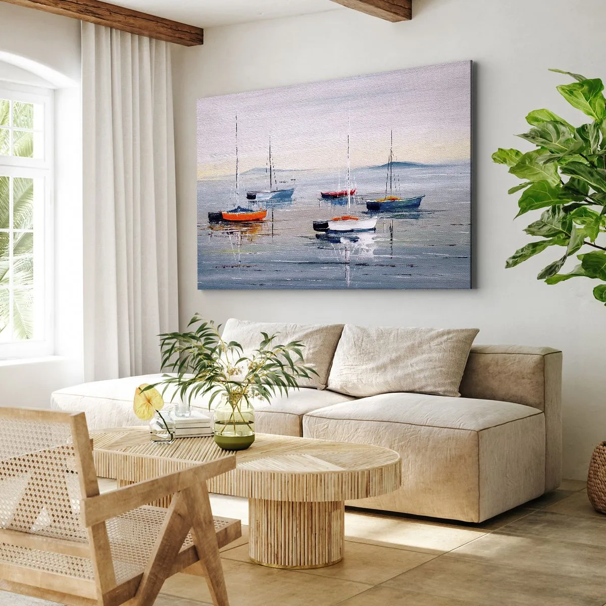 Obraz na płótnie - Kolorowe łódki na spokojnej wodzie - 70x50cm - Zasłużony odpoczynek - Nowoczesna dekoracja ścienna do salonu i sypialni ARTTOR