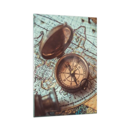 Obraz na szkle - Kompozycja z kompasem, kluczami i starą mapą w stylu retro - 80x120cm - Dla poszukiwacza przygód - Nowoczesna dekoracja ścienna do salonu i sypialni ARTTOR