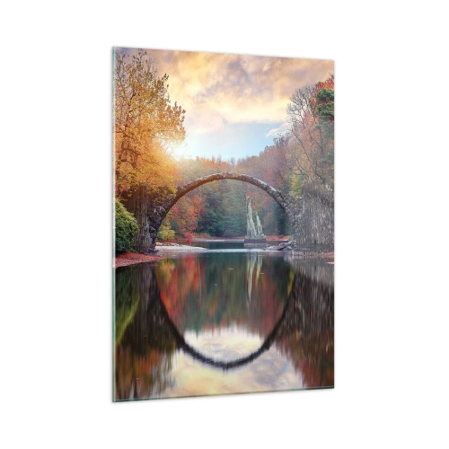 Obraz na szkle - Kamienny most odbijający się w jeziorze pośród jesiennego lasu - 50x70cm - Po drugiej stronie lustra - Nowoczesna dekoracja ścienna do salonu, kuchni i sypialni ARTTOR