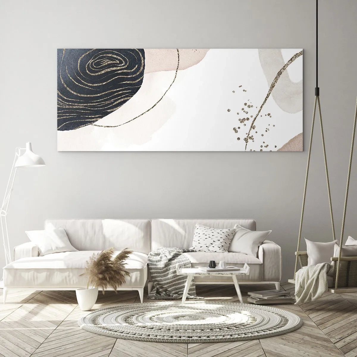 Obraz na szkle - Abstrakcyjne kształty w odcieniach beżu i granatu ze złotymi detalami - 160x50cm - Wszystko płynie - Nowoczesna dekoracja ścienna do salonu i sypialni ARTTOR