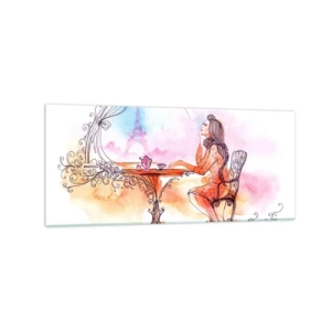 Obraz na szkle - Romantyczna akwarela kobiety w kawiarni z widokiem na wieżę - 120x50cm - Paryski szyk - Nowoczesna dekoracja ścienna do salonu i sypialni ARTTOR