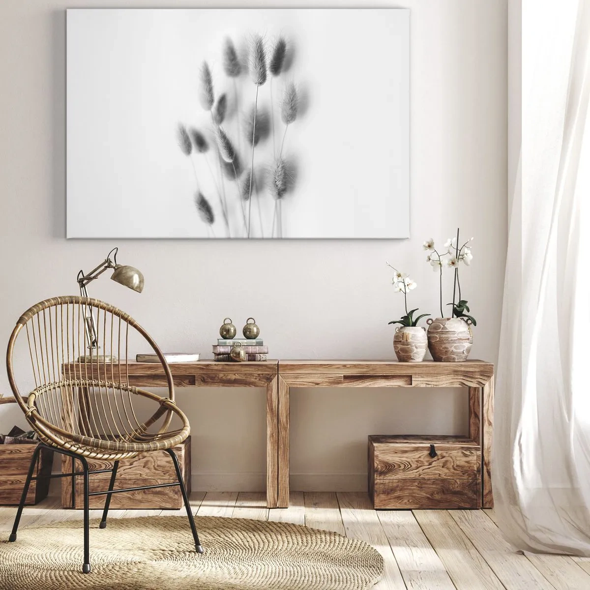 Obraz na płótnie - Delikatne trawy w odcieniach szarości na białym tle - 70x50cm - Jej puszystość trawa - Nowoczesna dekoracja ścienna do salonu i sypialni ARTTOR