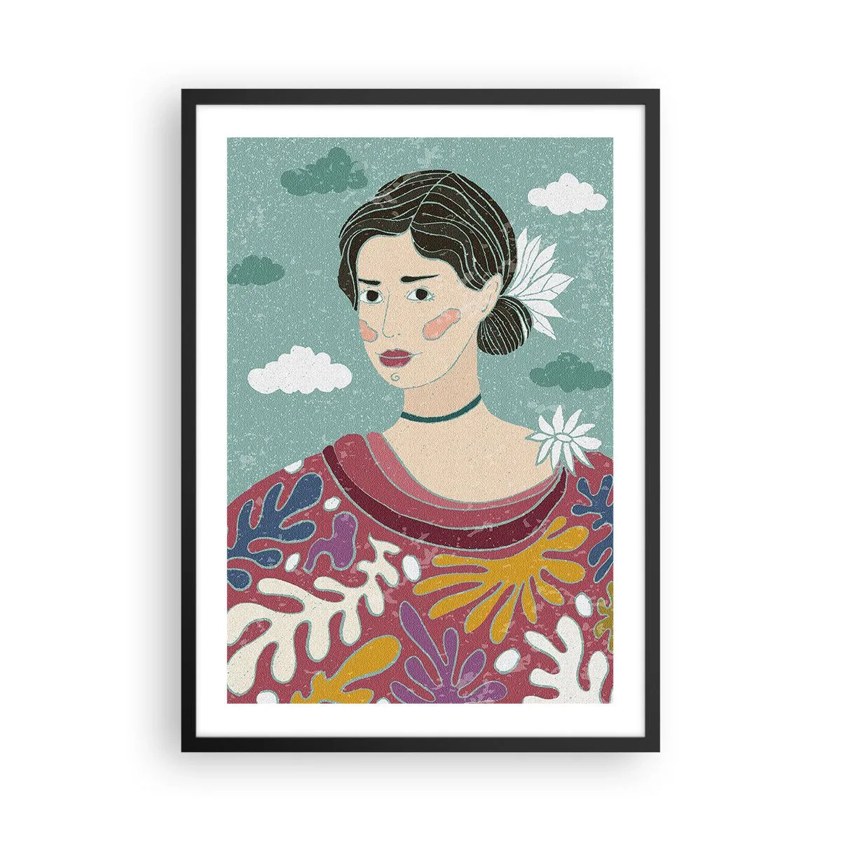 Plakat w czarnej ramie - Portret kobiety w kolorowej stylizowanej sukni na tle chmur - 50x70cm - Z melancholią w spojrzeniu - Nowoczesna dekoracja ścienna do salonu i sypialni ARTTOR