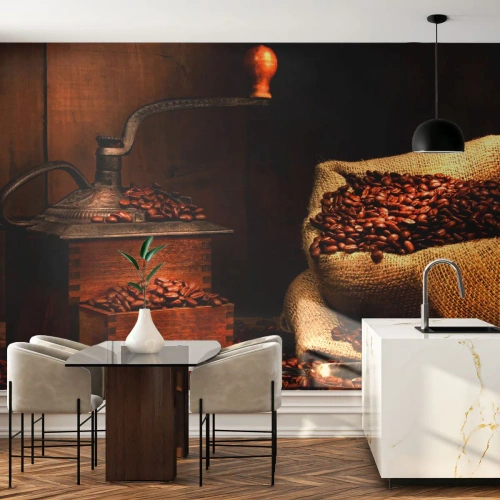 Fototapeta Samoprzylepna Deluxe Sticker - Martwa natura z ziarnami kawy i młynkiem - Gastronomia, Kawa, Młynek Do Kawy - 250x175 cm