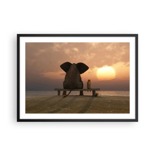 Plakat w czarnej ramie - Słoń i pies siedzą na ławce na plaży podczas zachodu słońca - 70x50cm - Dobrze jest razem pomilczeć - Nowoczesna dekoracja ścienna do salonu i sypialni ARTTOR