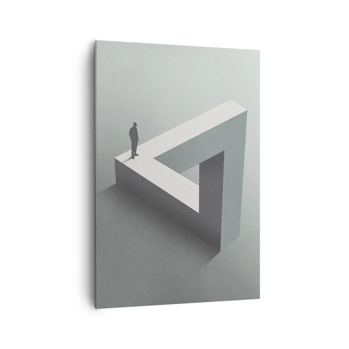 Obraz na płótnie - Postać stojąca na trójkącie Penrose’a w szarościach - 70x100cm - A jednak możliwe - Nowoczesna dekoracja ścienna do salonu i sypialni ARTTOR