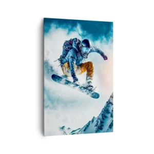 Obraz na płótnie - Snowboardzista w locie nad ośnieżonymi górami - 80x120cm - Ekstremalne emocje - Nowoczesna dekoracja ścienna do salonu i sypialni ARTTOR