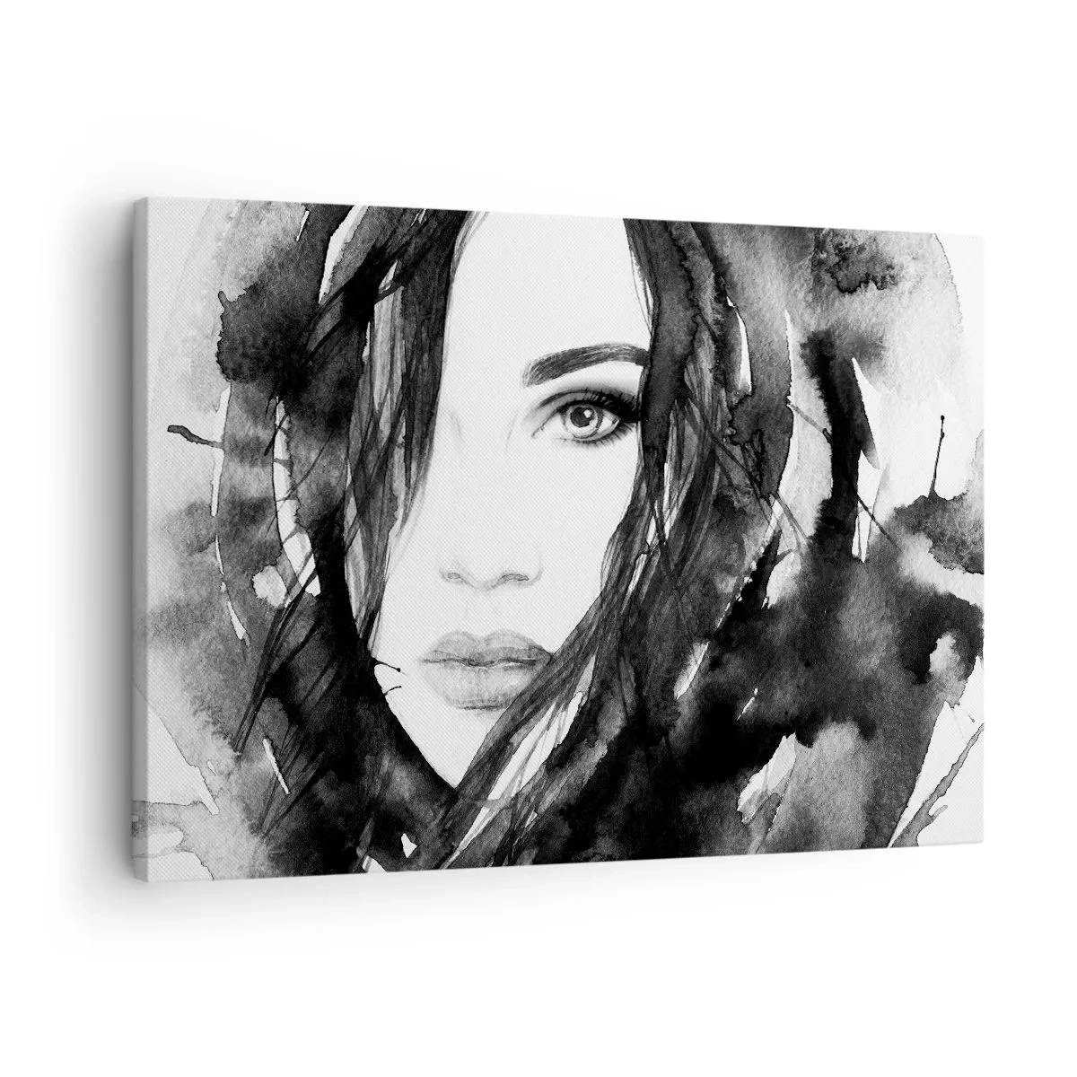 Obraz na płótnie - Portret kobiety w czarno-białej akwareli - 70x50cm - Portret damy w czerni i bieli - Nowoczesna dekoracja ścienna do salonu i sypialni ARTTOR