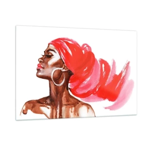 Obraz na szkle - Kobiecy portret w czerwonym turbanie w stylu akwarelowym - 120x80cm - "Jest wiatr, co nozdrza mężczyzny rozchyla" - Nowoczesna dekoracja ścienna do salonu, kuchni i sypialni ARTTOR
