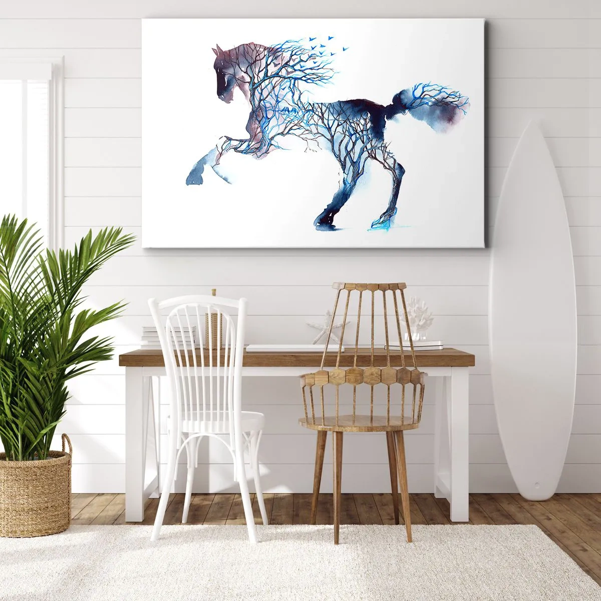 Obraz na płótnie - Artystyczna grafika konia z motywem drzew i ptaków - 70x50cm - I jakby las ruszył - Nowoczesna dekoracja ścienna do salonu i sypialni ARTTOR