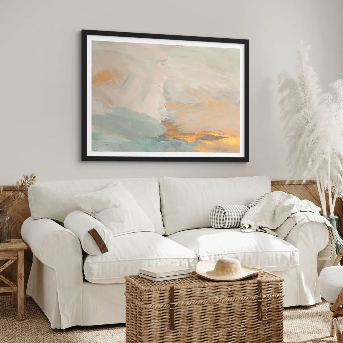 Plakat w czarnej ramie - Delikatne abstrakcyjne pociągnięcia w odcieniach bieli i złota - 100x70cm - Abstrakcja – kraina łagodności - Nowoczesna dekoracja ścienna do salonu i sypialni ARTTOR