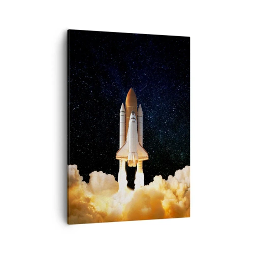 Obraz na płótnie - Startujący prom kosmiczny na tle gwiaździstego nieba i chmur dymu - 50x70cm - Ad astra! - Nowoczesna dekoracja ścienna do salonu, kuchni i sypialni ARTTOR