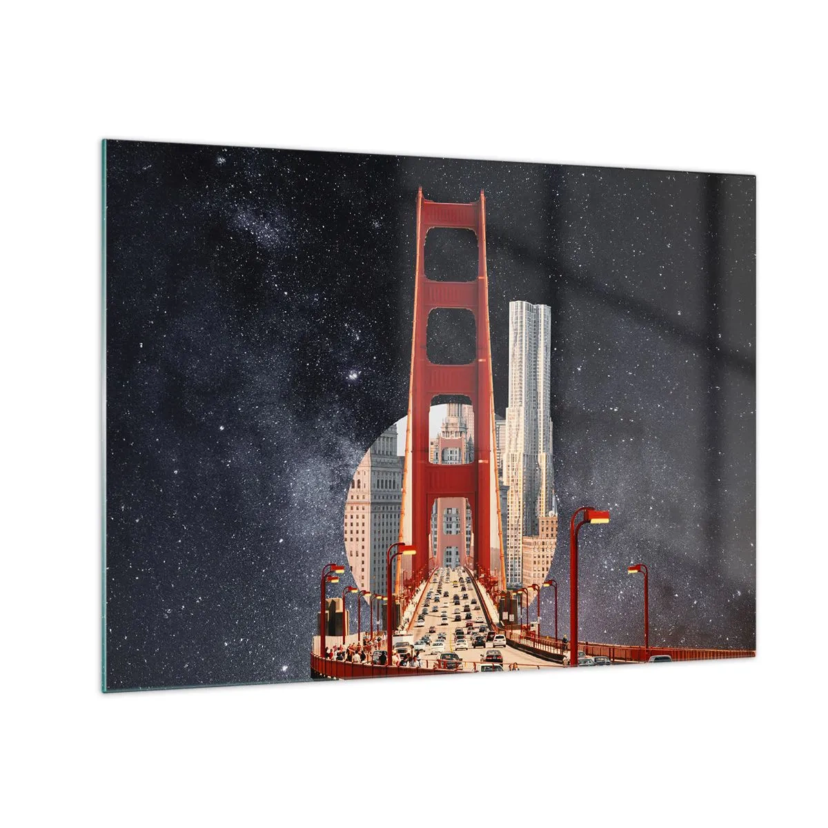 Obraz na szkle - Most i wieżowce w surrealistycznym tle z galaktyką - 70x50cm - Zawsze w centrum - Nowoczesna dekoracja ścienna do salonu i sypialni ARTTOR