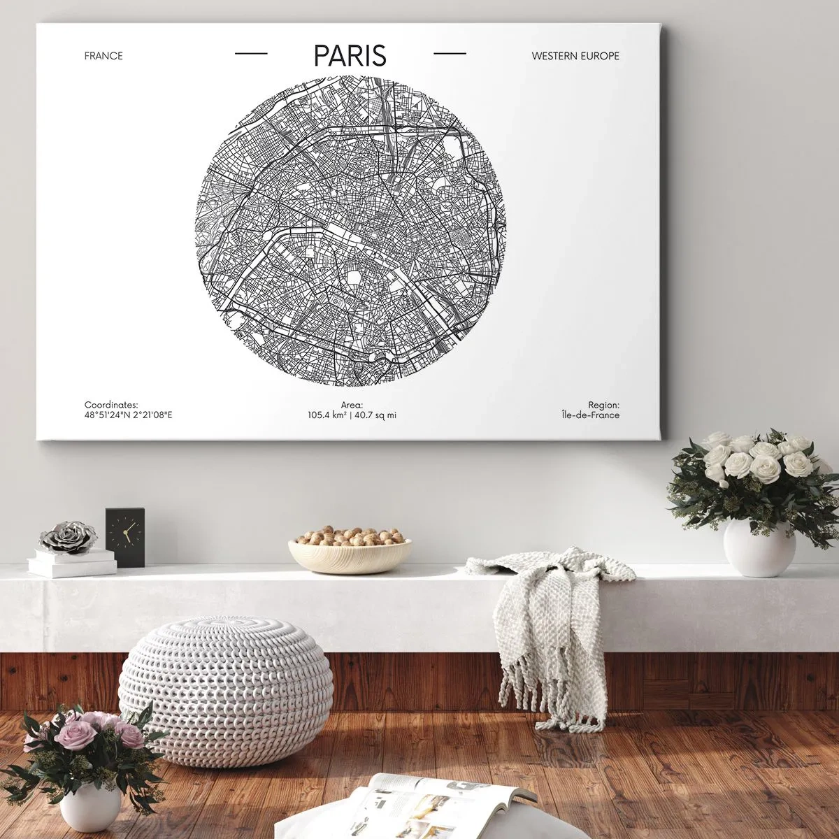 Obraz na płótnie - Mapa Paryża w minimalistycznym stylu - 70x50cm - Anatomia Paryża - Nowoczesna dekoracja ścienna do salonu i sypialni ARTTOR