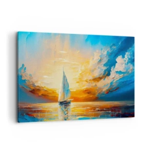 Obraz na płótnie - Żaglówka na tle zachodzącego słońca i barwnych chmur - 120x80cm - Żegluga w złocie - Nowoczesna dekoracja ścienna do salonu, kuchni i sypialni ARTTOR