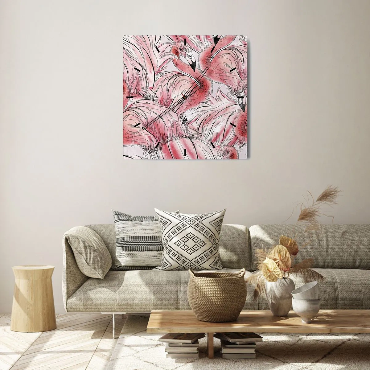Zegar ścienny - Delikatne rysunki różowych flamingów - 30x30cm - Ptasi corps de ballet - Nowoczesna dekoracja ścienna do salonu i sypialni ARTTOR