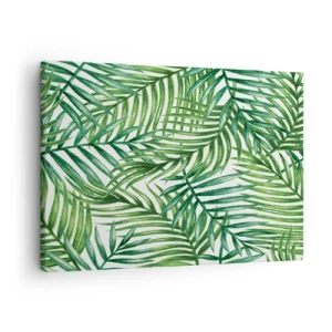 Obraz na płótnie - Zielone liście tropikalnych palm na jasnym tle - 70x50cm - Pod zielonym baldachimem - Nowoczesna dekoracja ścienna do salonu i sypialni ARTTOR