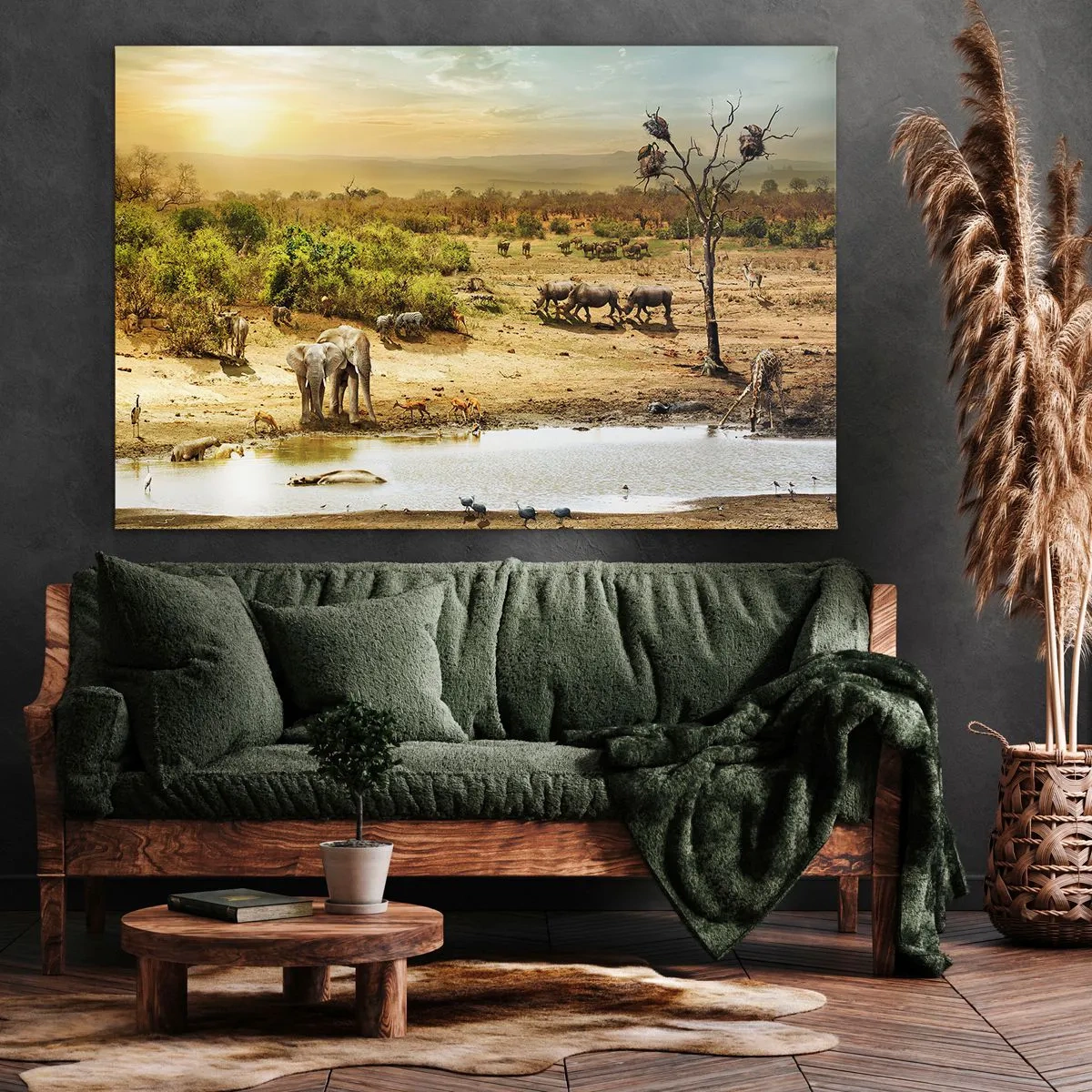 Obraz na płótnie - Słonie i dzikie zwierzęta przy wodopoju o zachodzie słońca - 70x50cm - "Z Edenu zaś wypływała rzeka…" - Nowoczesna dekoracja ścienna do salonu i sypialni ARTTOR