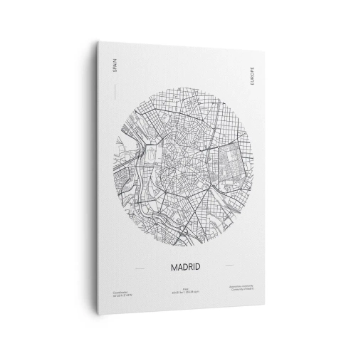Obraz na płótnie - Mapa Madrytu w minimalistycznym, czarno-białym stylu - 70x100cm - Anatomia Madrytu - Nowoczesna dekoracja ścienna do salonu i sypialni ARTTOR