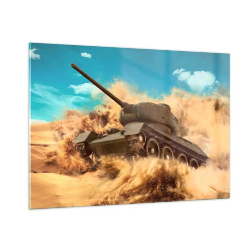 Obraz na szkle - Czołg w ruchu na pustyni z unoszącym się pyłem i jasnym niebem - 100x70cm - Nie do pokonania - Nowoczesna dekoracja ścienna do salonu, kuchni i sypialni ARTTOR