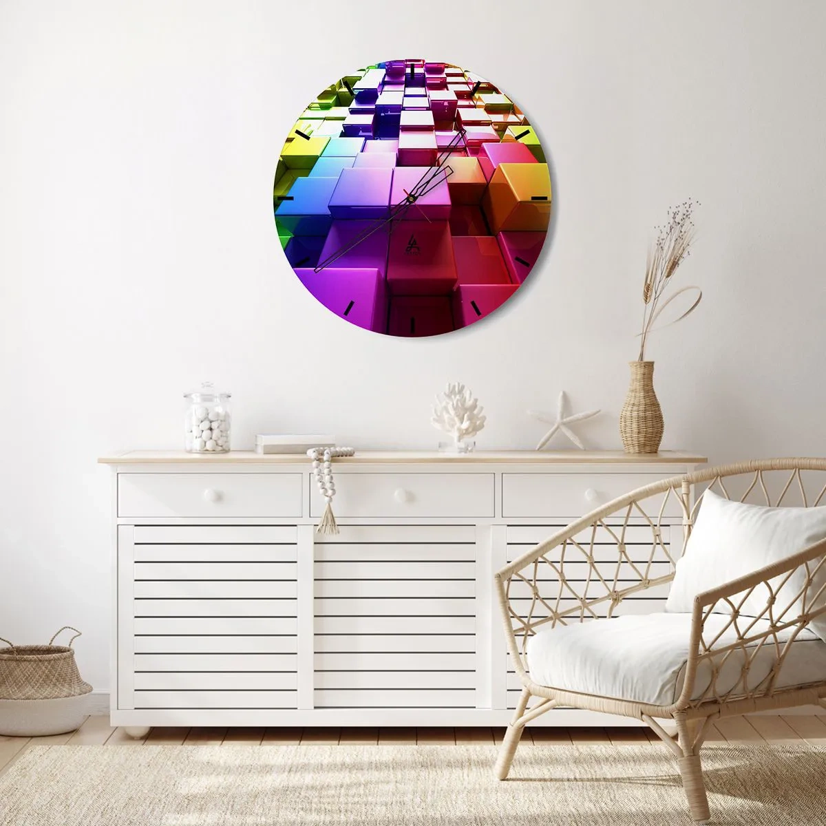 Zegar ścienny - Kolorowe kostki w geometrycznej kompozycji - 30x30cm - Op-artowe wespół w zespół - Nowoczesna dekoracja ścienna do salonu, kuchni i sypialni ARTTOR