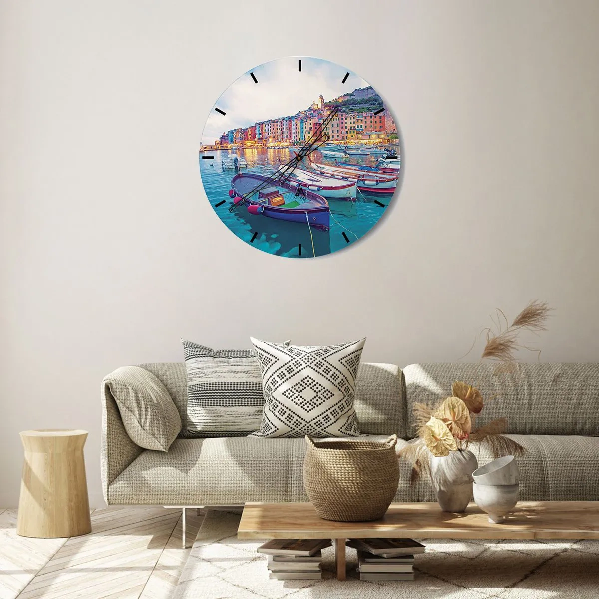 Zegar ścienny - Kolorowy nadmorski port z łodziami o zachodzie słońca - 30x30cm - Kolorowy wieczór w porcie - Nowoczesna dekoracja ścienna do salonu, kuchni i sypialni ARTTOR