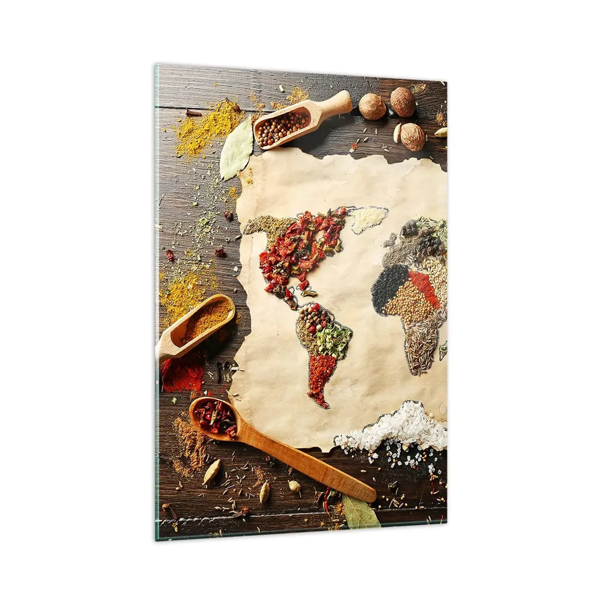 Obraz na szkle - Mapa świata wykonana z przypraw na drewnianym tle - 80x120cm - Wszystkie smaki świata - Nowoczesna dekoracja ścienna do salonu i sypialni ARTTOR
