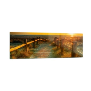 Obraz na szkle - Drewniana ścieżka prowadząca na plażę w blasku zachodzącego słońca - 160x50cm - Skąpane w starym złocie - Nowoczesna dekoracja ścienna do salonu i sypialni ARTTOR