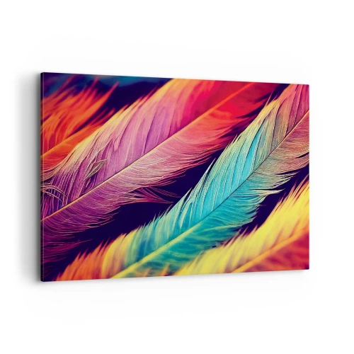 Obraz na płótnie - Kolorowe pióra w intensywnych barwach - 100x70cm - Pierzasta tęcza - Nowoczesna dekoracja ścienna do salonu, kuchni i sypialni ARTTOR