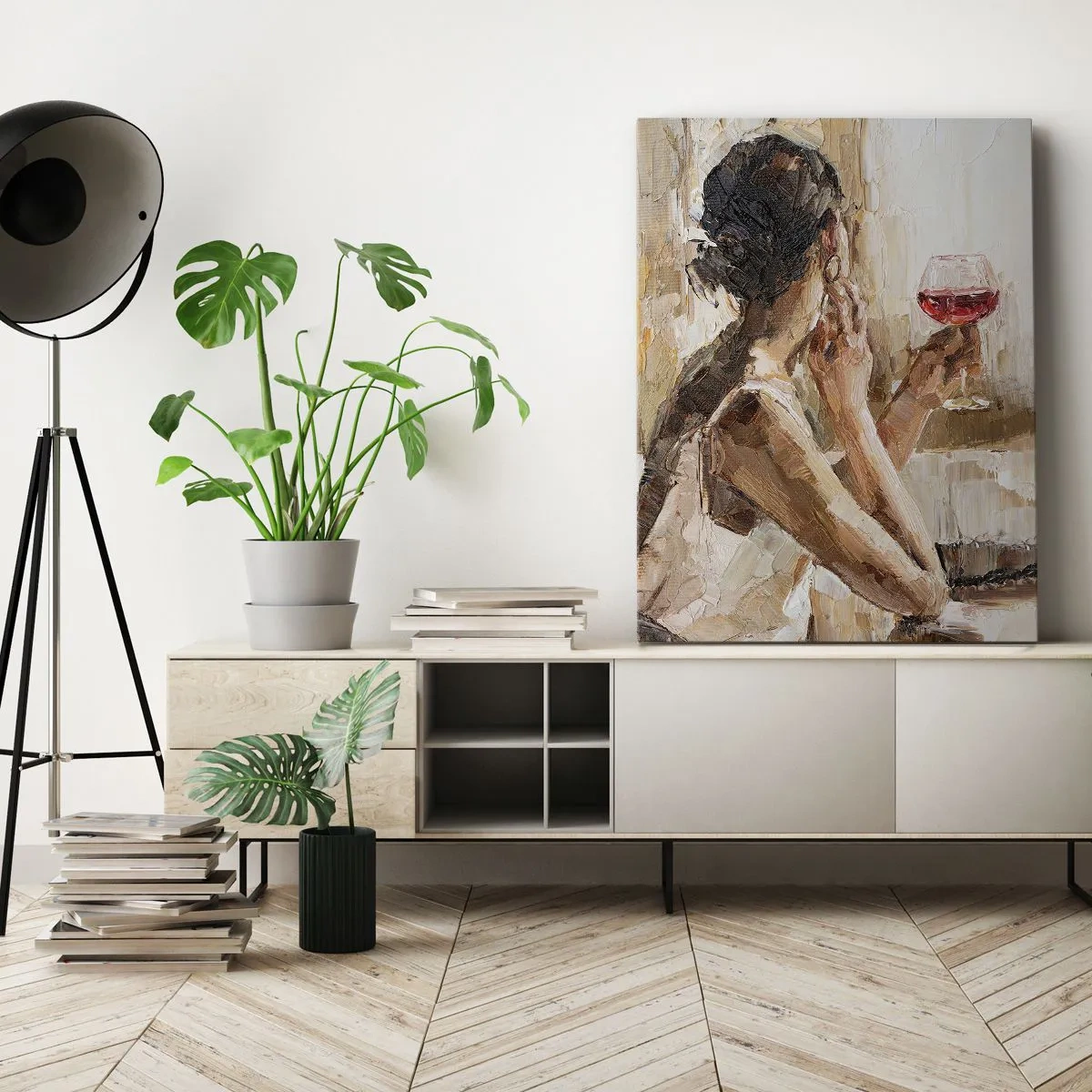 Obraz na płótnie - Kobieta trzymająca kieliszek czerwonego wina w impresjonistycznym stylu - 50x70cm - Smak dobrej chwili - Nowoczesna dekoracja ścienna do salonu, kuchni i sypialni ARTTOR