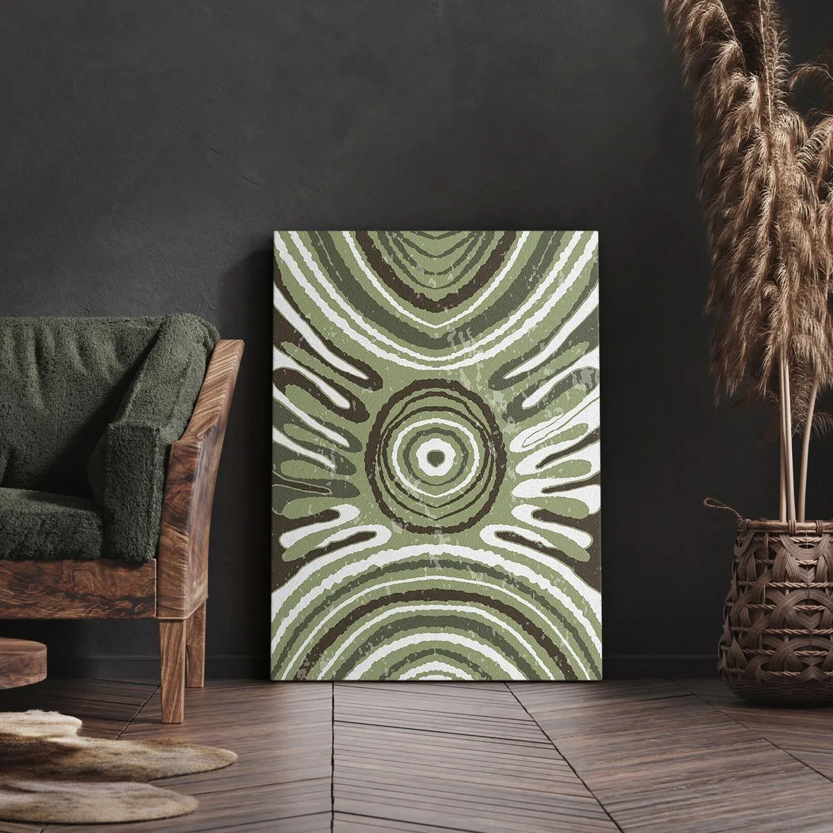 Obraz na płótnie - Symetryczna kompozycja w odcieniach zieleni i brązu inspirowana naturą - 50x70cm - Eksplozja emocji - Nowoczesna dekoracja ścienna do salonu, kuchni i sypialni ARTTOR