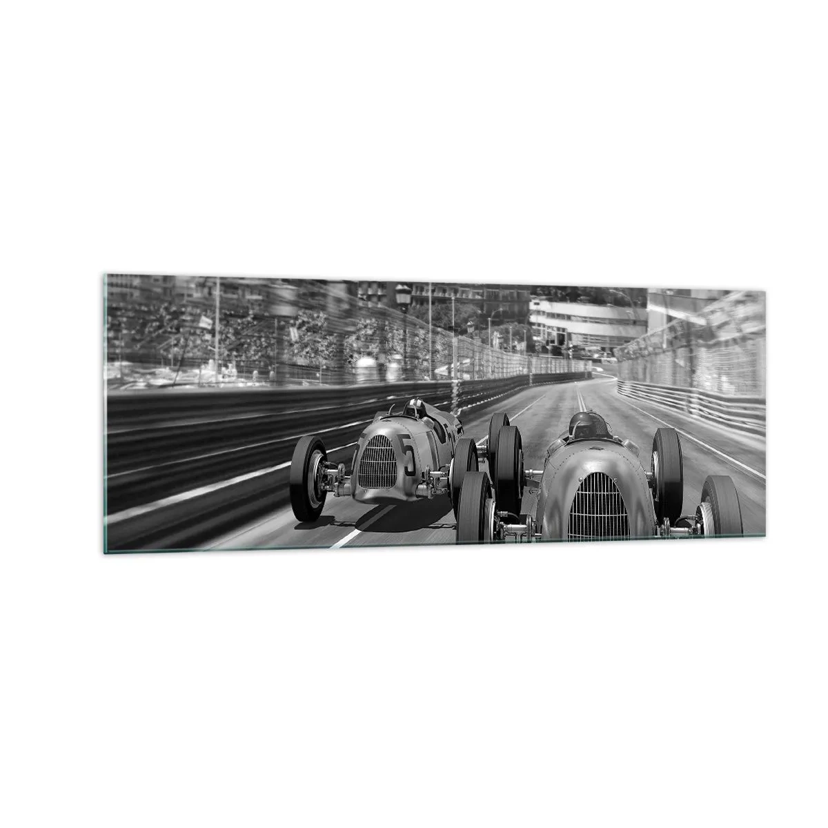 Obraz na szkle - Monochromatyczna scena wyścigu retro samochodów - 140x50cm - Dawno temu w Monte Carlo - Nowoczesna dekoracja ścienna do salonu i sypialni ARTTOR